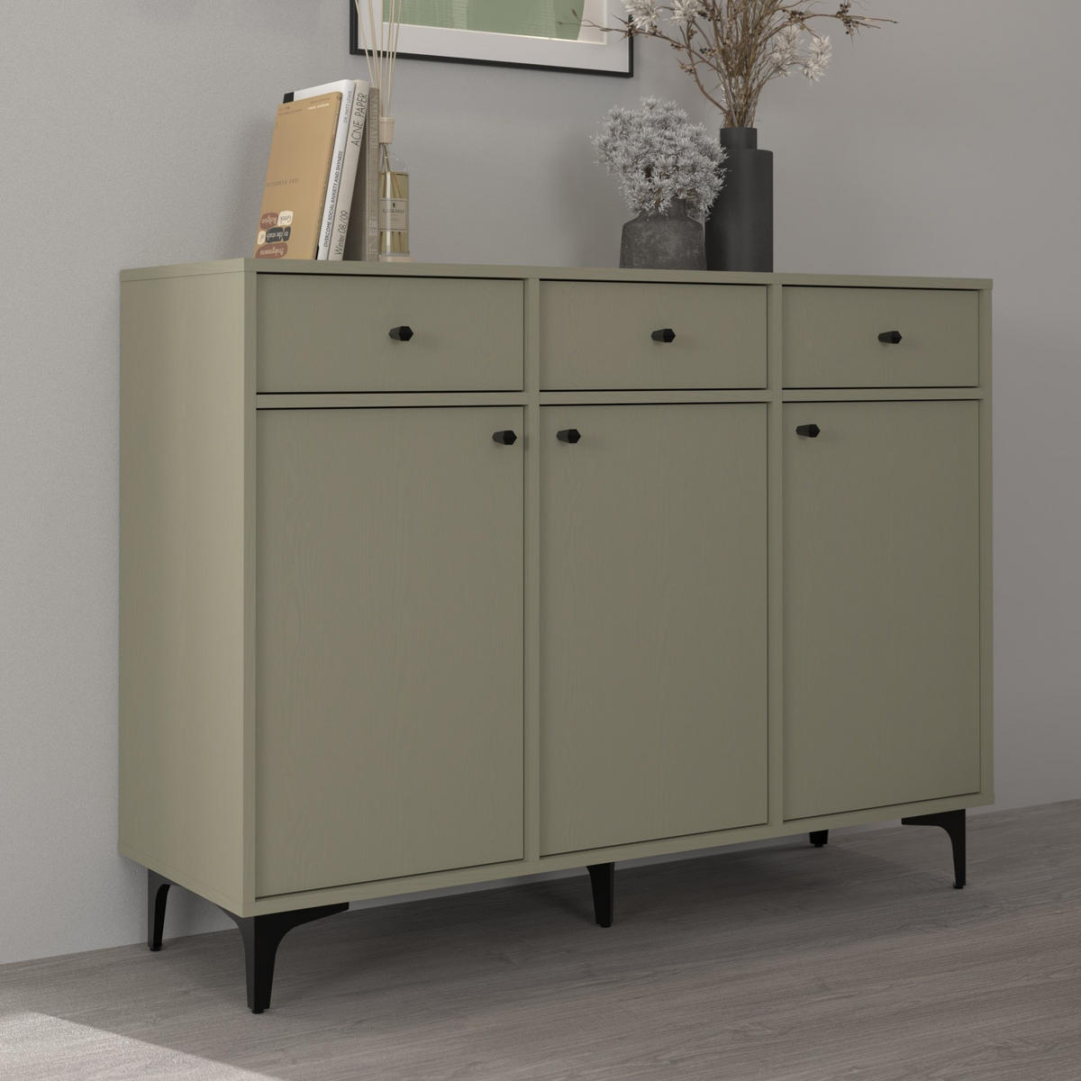KOMMODE TORINO 125/94/41 cm mit 3 Schubladen 3 Türen Hellgrün - Hellgrün, Holzwerkstoff (125/94/41cm) - MASSENO