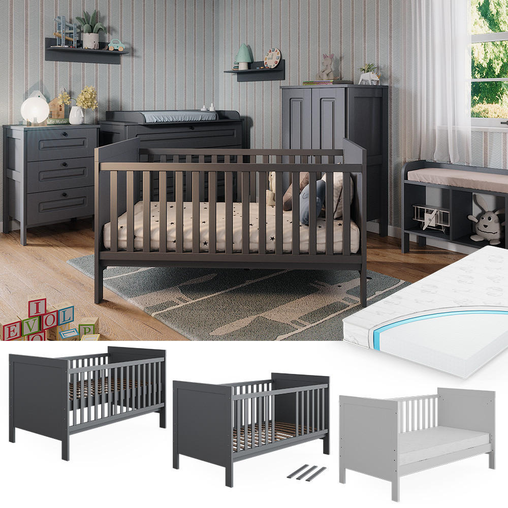 BABYBETT Ajaton Grau 144.4 x 83 cm mit Matratze - Grau, Holzwerkstoff (144.4/83/80.8cm) - VitaliSpa