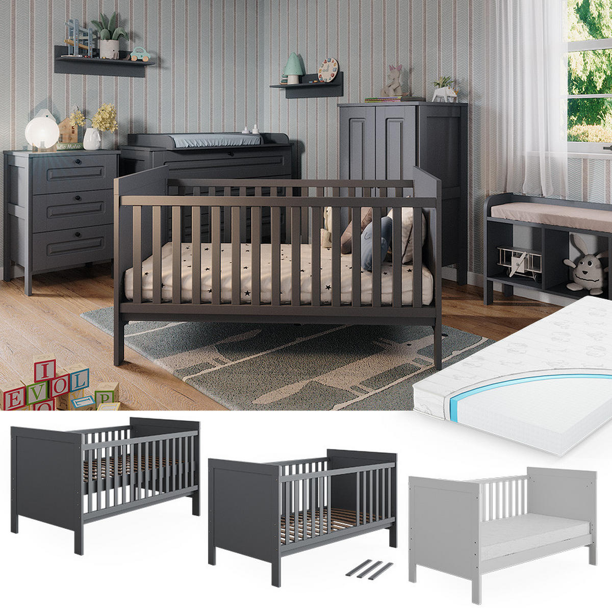 BABYBETT Ajaton Grau 144.4 x 83 cm mit Matratze - Grau, Holzwerkstoff (144.4/83/80.8cm) - VitaliSpa