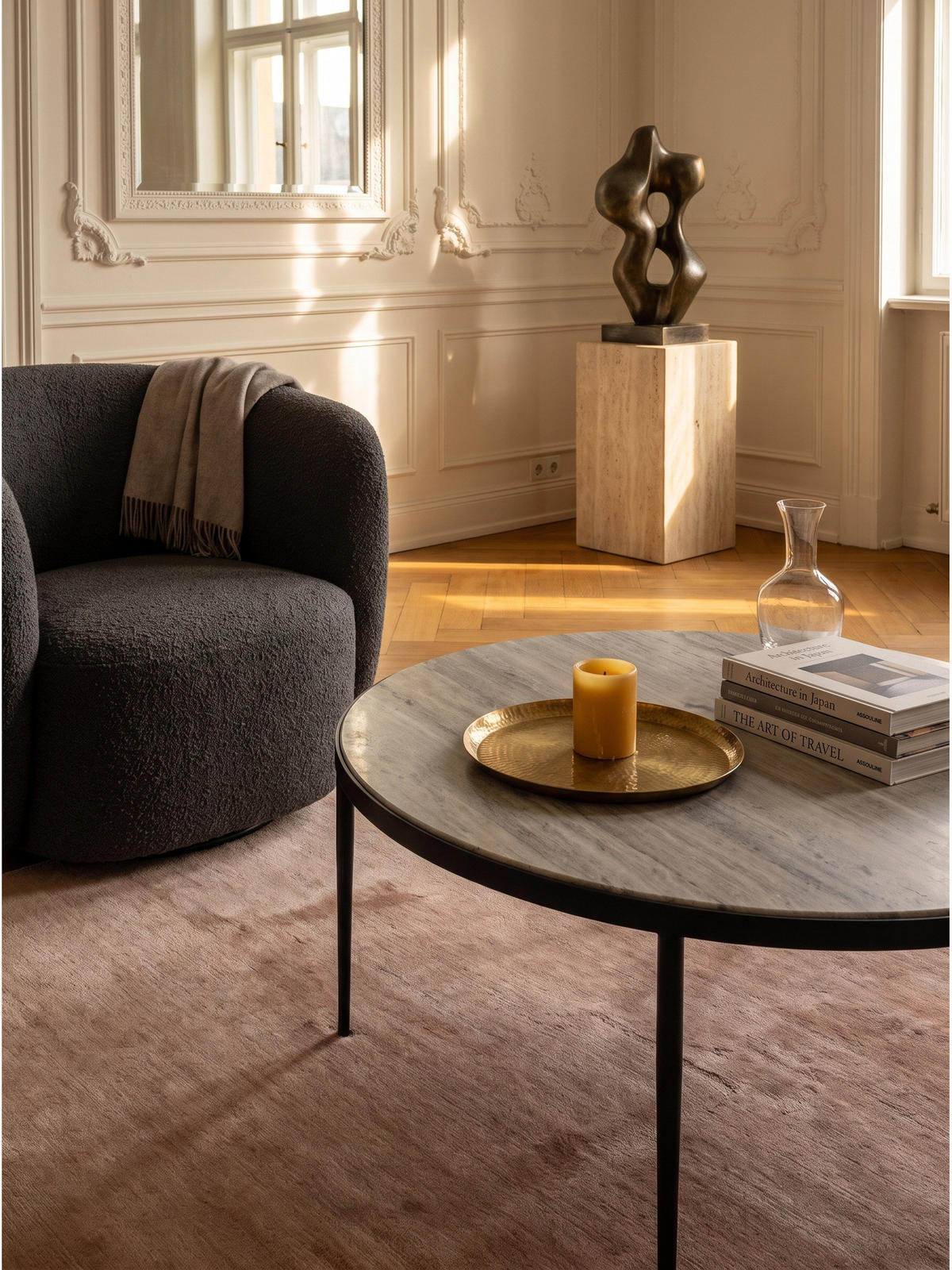 COUCHTISCH OMBRONE, Marmor, Grau-Marmoroptik, Ø 70 x 42 cm - Schwarz/Weiß, Stein/Metall (70/70/42cm) - KADIMA DESIGN