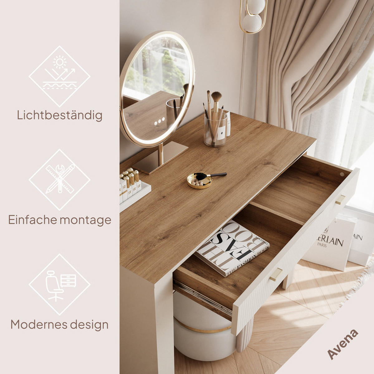 SCHMINKTISCH AVENA mit 2 Schubladen, 102 cm Kaschmir/Eiche - Kaschmir, Holzwerkstoff/Kunststoff (102/79/50cm) - Idohome