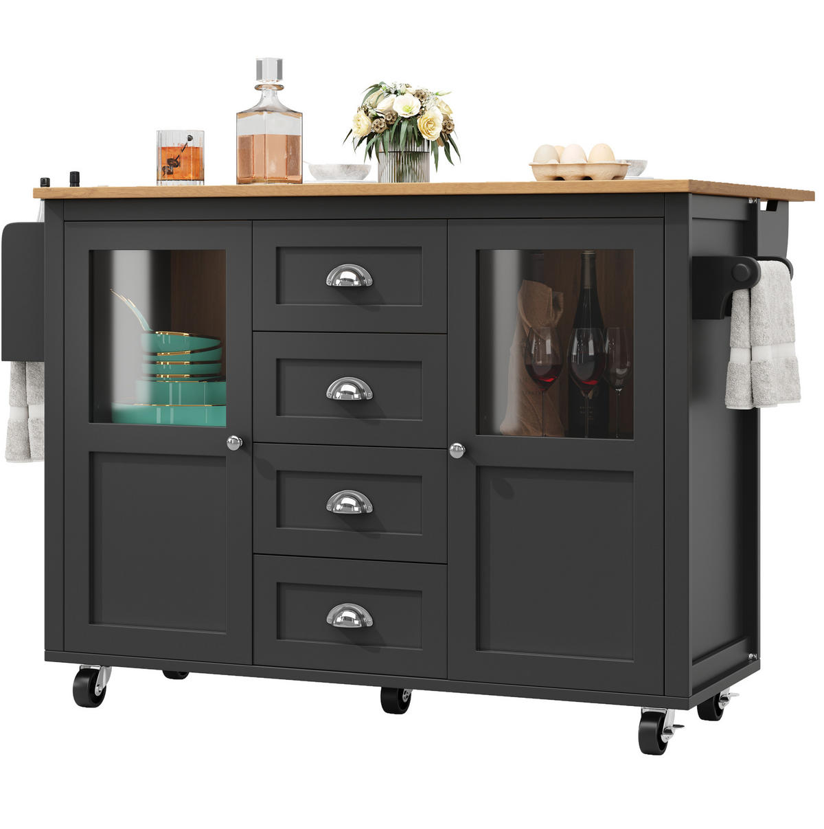 KÜCHENINSEL 137,9/73/92,5 cm aus MDF und Metall mit Klapptisch und Rollen Schwarz - Schwarz, Holzwerkstoff (137.9/92.5/73cm) - Modenvie
