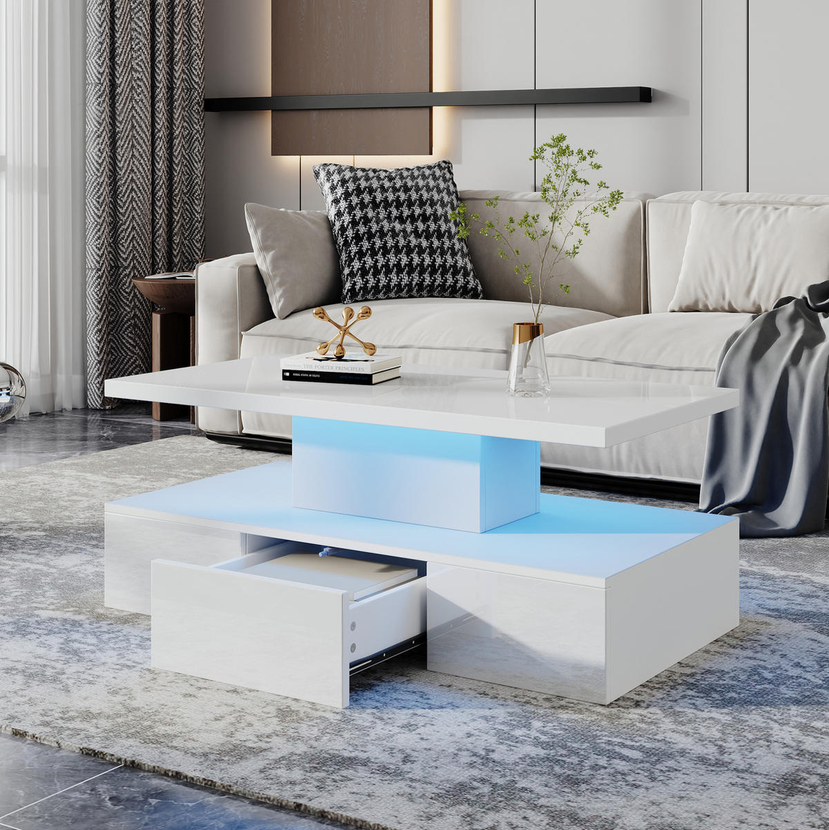 COUCHTISCH aus Spanplatte 100x50x39 cm Weiß mit LED-Beleuchtung, offener Ablage, Schublade und Hochglanzfront - Weiß, Holzwerkstoff (100/50/39cm) - Modfu