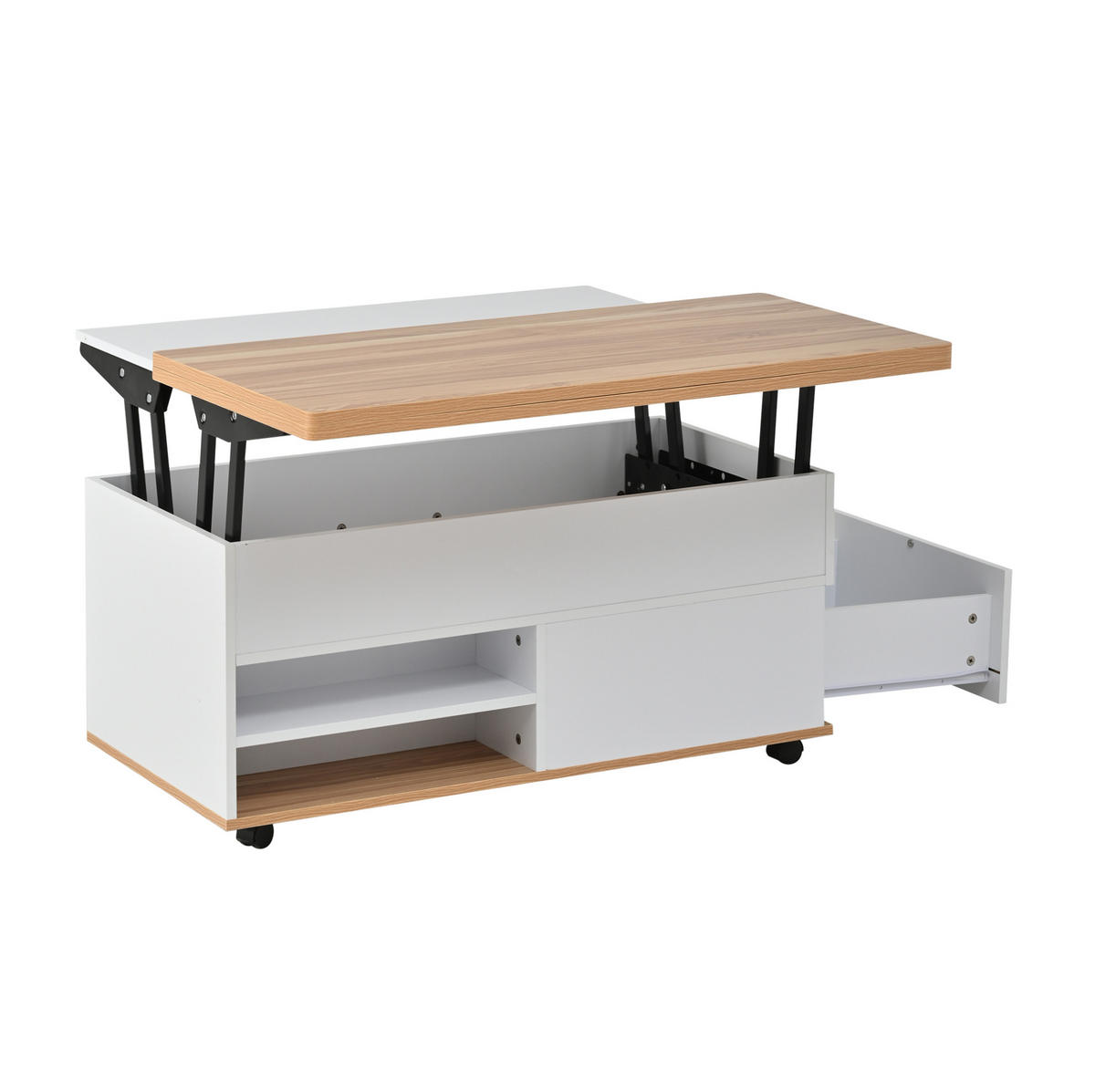 COUCHTISCH 100/98/65 cm höhenverstellbar mit Stauraum und Rollen - Weiß, Holzwerkstoff (100/98/65cm) - Flora Grace