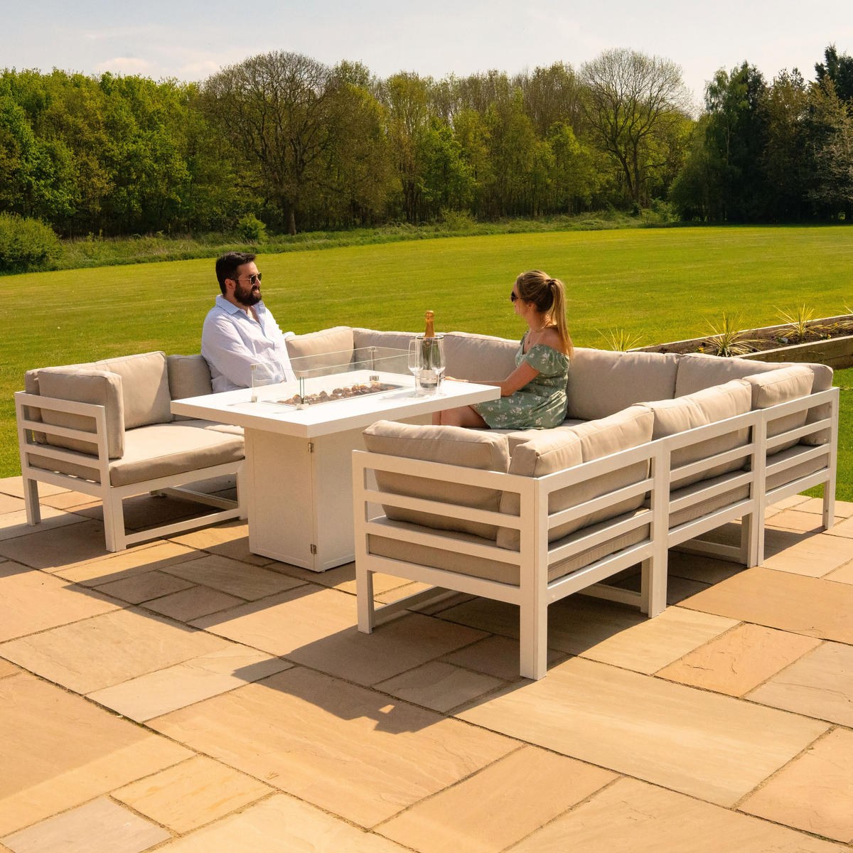 GARTENMÖBELSET 9-teiliges Aluminium Modulares mit Feuerstelle - Weiß - Weiß, Metall