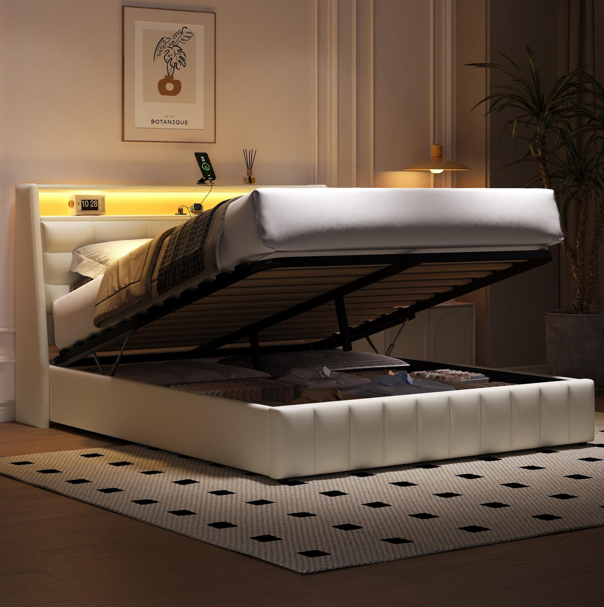 POLSTERBETT 160/200 cm aus MDF und Sperrholz mit PU-Bezug LED USB Stauraum und verstellbarem Kopfteil Weiß - Weiß, Textil (160/200cm) - Modenvie