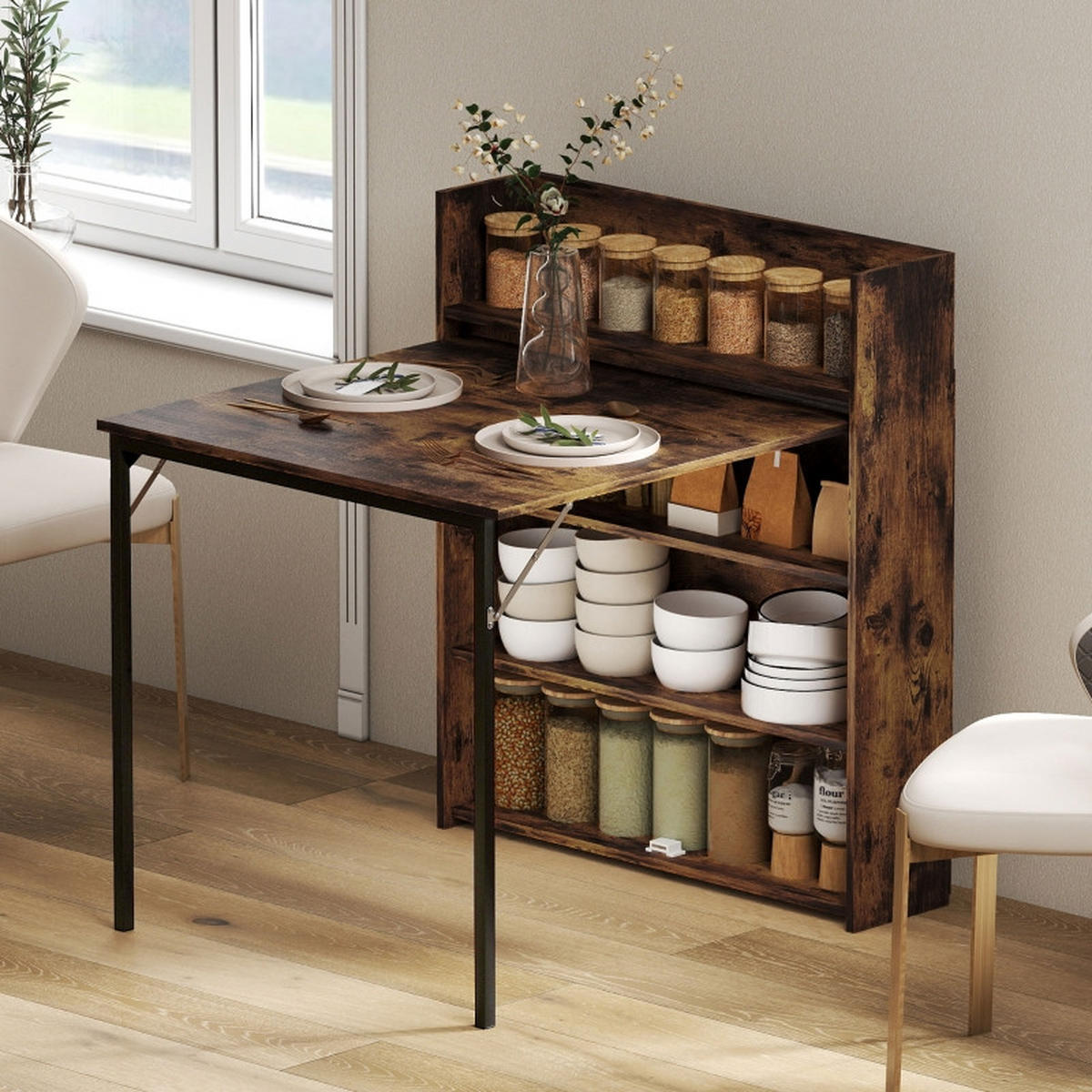 ESSTISCH 80/90/93 cm Rustic Brown klappbar mit 3 Regalen aus Holz - Braun, Holz (90/80/93cm) - OKWISH