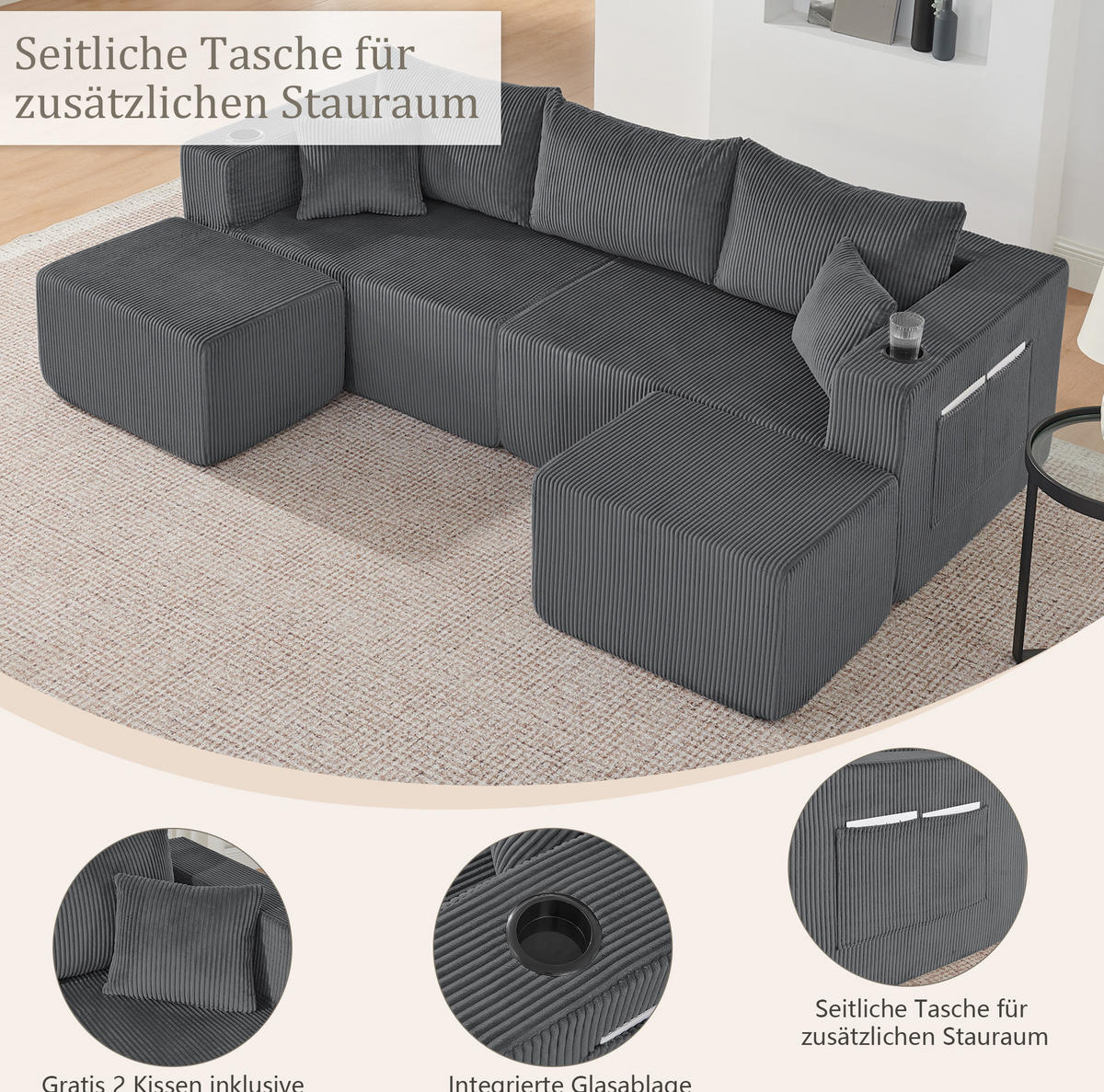 SOFA modulares Ecksofa 3-Sitzer Cord Gray mit 2 Ottomanen - Grau, Kunststoff (230/75/138cm) - IVMEU