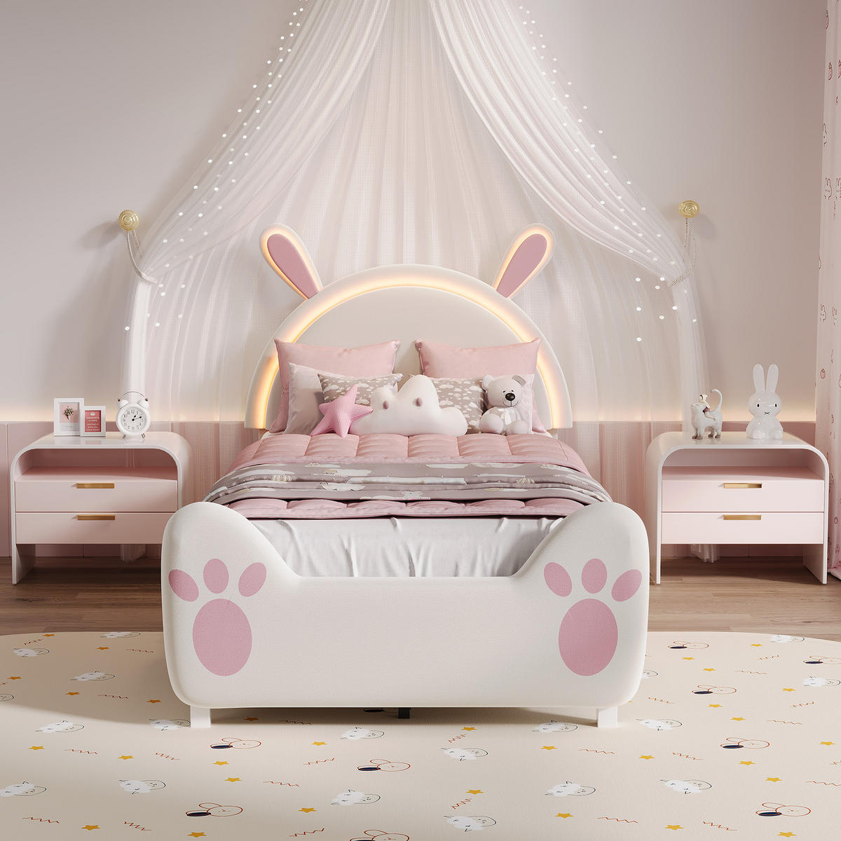 POLSTERBETT 90x200 cm Kinderbett mit LED, Schmetterlings-Kopfteil, Einzelbett mit Lattenrost, Rosa - Rosa, Metall (90/200cm) - EuroLiving