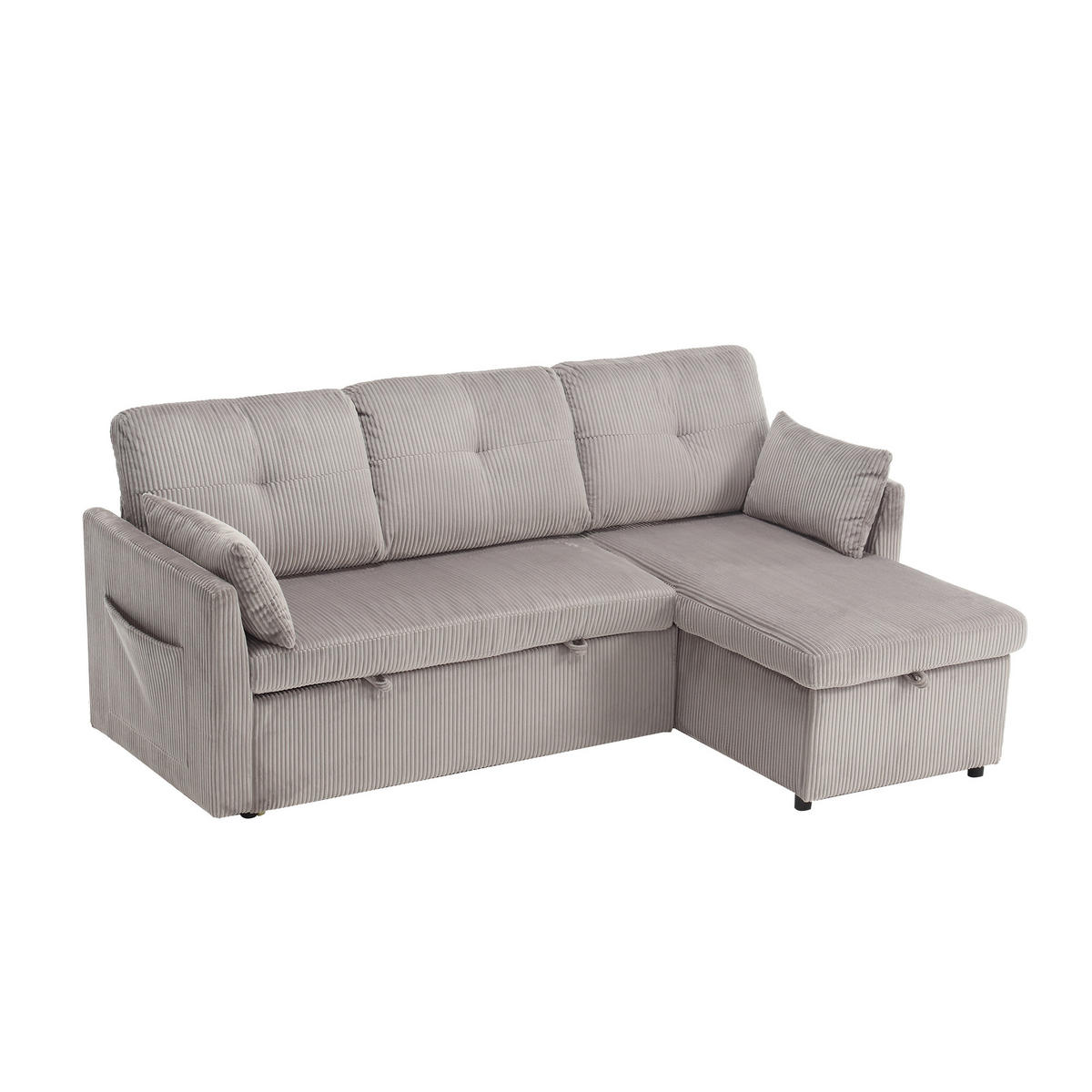 ECKSOFA L-Form mit Schlaffunktion, Bettkasten/Seitentasche, Cord, Hellgrau - Hellgrau, Holz (206/108cm) - LVHOM