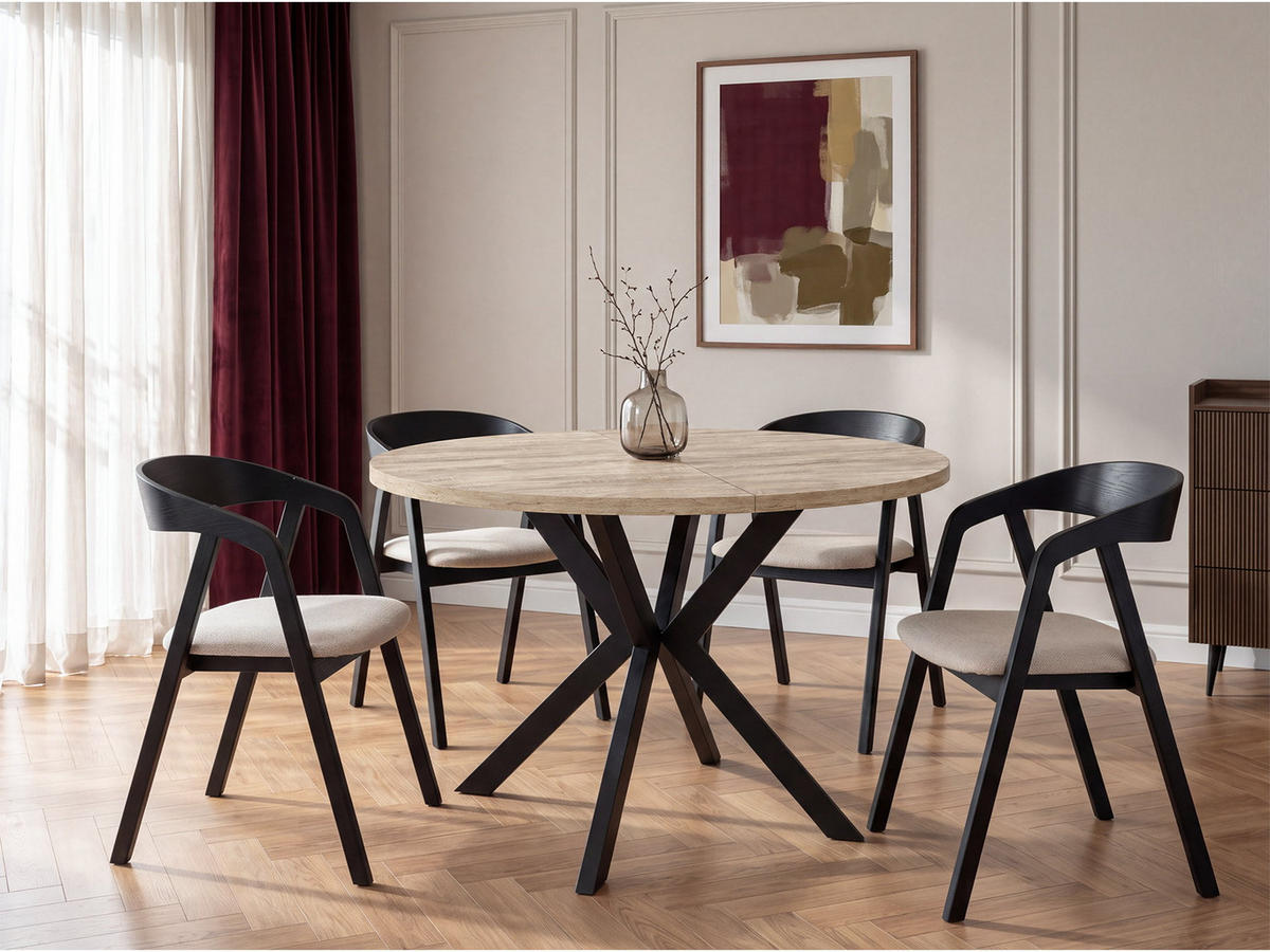 ESSTISCH Valeo runder ausziehbarer, Sonoma Eiche 100-180/100/76 cm - Schwarz/Braun, Holzwerkstoff/Metall (100/180/76cm) - WFL GROUP