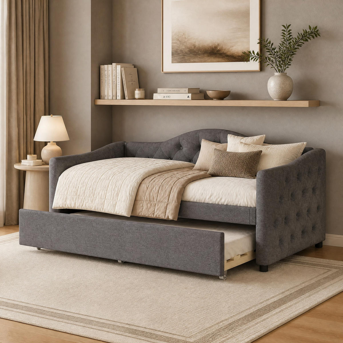 POLSTERBETT 90/200 mit Ausziehbett aus Leinen und MDF in Grau - Grau, Holzwerkstoff/Textil (90/200cm) - EVRYAE