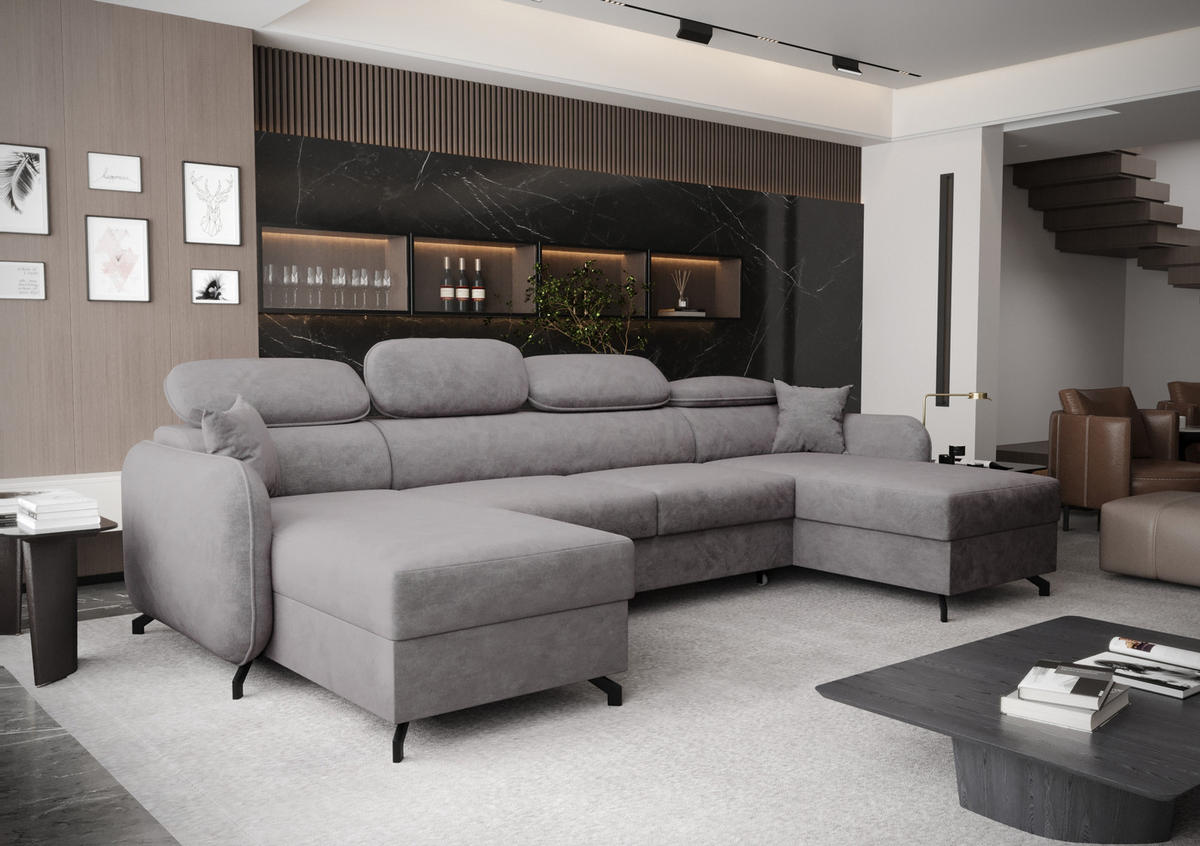 WOHNLANDSCHAFT Ribella 5 Grau 345/180/100 cm mit Schlaffunktion - Hellgrau/Schwarz, Textil/Metall (345/100/180cm) - AX Living
