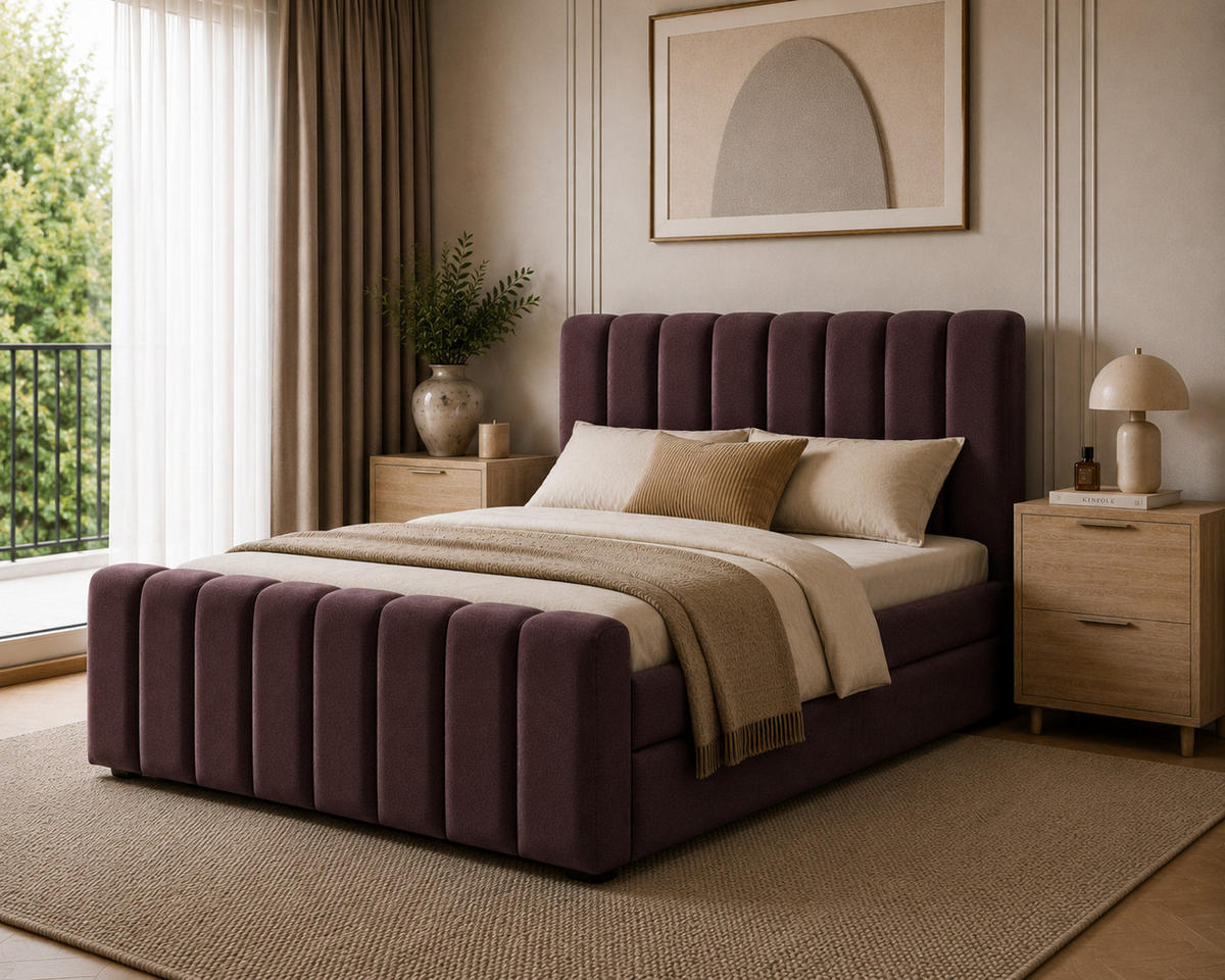 BOXBETT 01 BIS 160 x 200 cm - Vibe - Modernes Polsterbett mit Bettkasten inkl. PU-Schaum-Topper und Federmechanismus - Bordeaux, Holz (160/200cm) - ROYAL24_MARKT