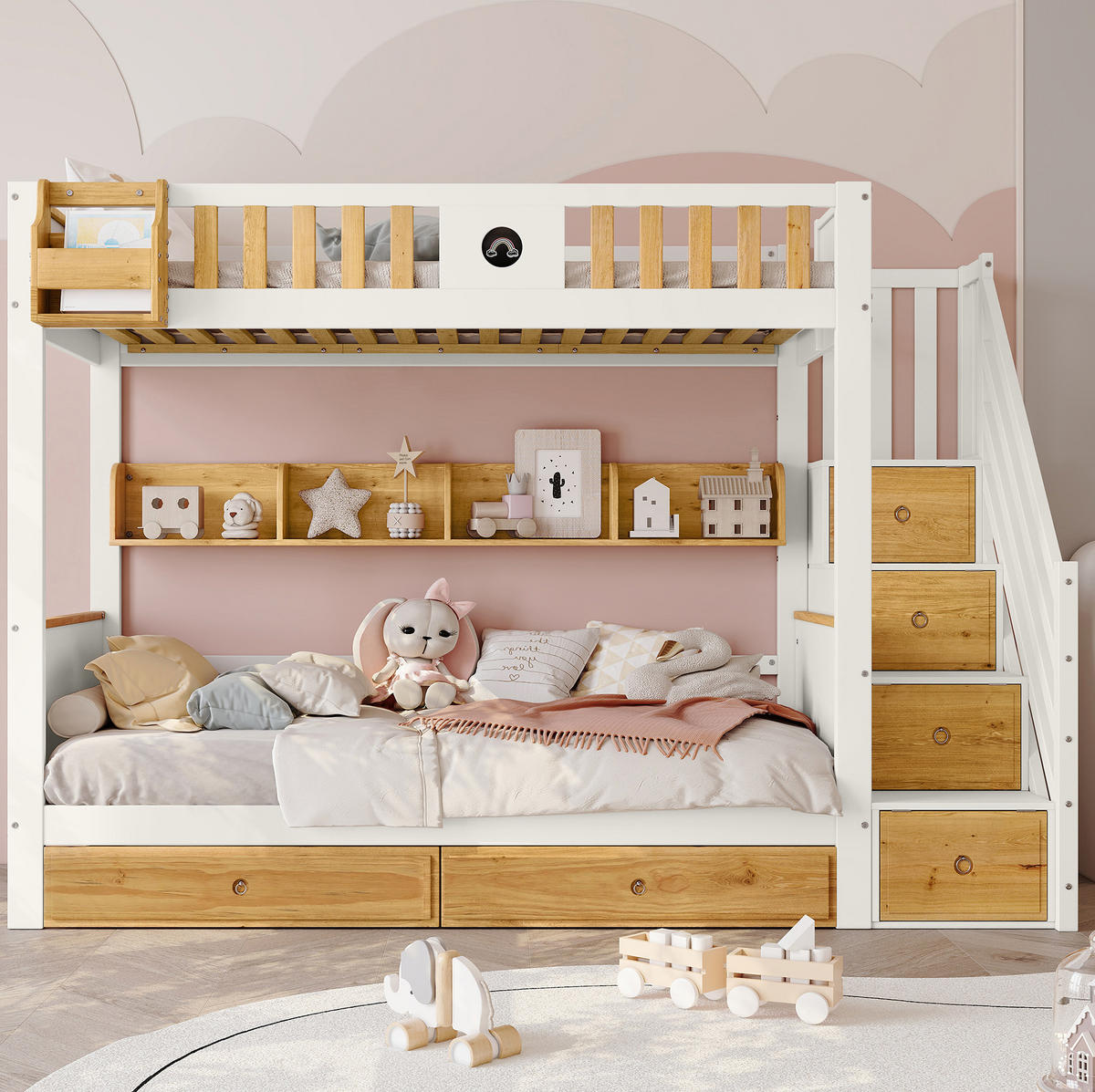 ETAGENBETT 90/200 cm mit Treppe und Stauraum in Weiß/Natur - Weiß, Holzwerkstoff - BEAOK