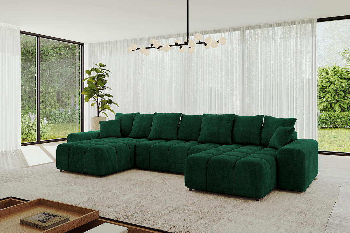 WOHNLANDSCHAFT ENIL-U 390x175x84 Dunkelgrün Velours - Dunkelgrün, Holzwerkstoff/Kunststoff (390/84/175cm) - ALTDECOR