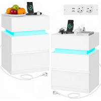 NACHTTISCH-SET aus Holz 35x40x55 cm Weiß mit LED-Beleuchtung, USB-Anschlüssen und Steckdosen - Weiß, Holzwerkstoff (35/55/40cm) - Modfu