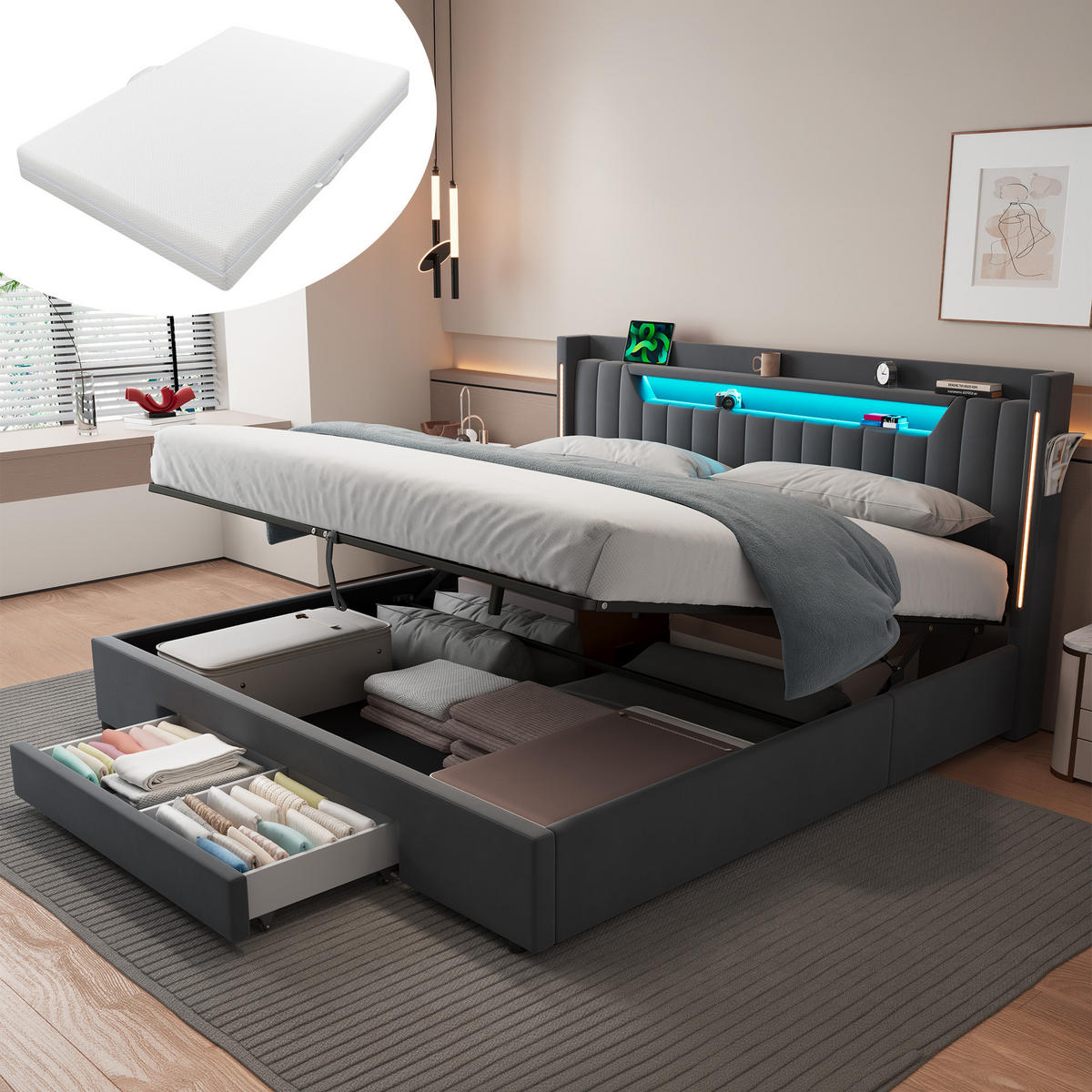POLSTERBETT 180×200 mit Matratze, Bettkasten, Schubladen und LED Beleuchtung,Samtbezug, in Grau - Grau, Holzwerkstoff/Textil (180/200cm) - STILVORA