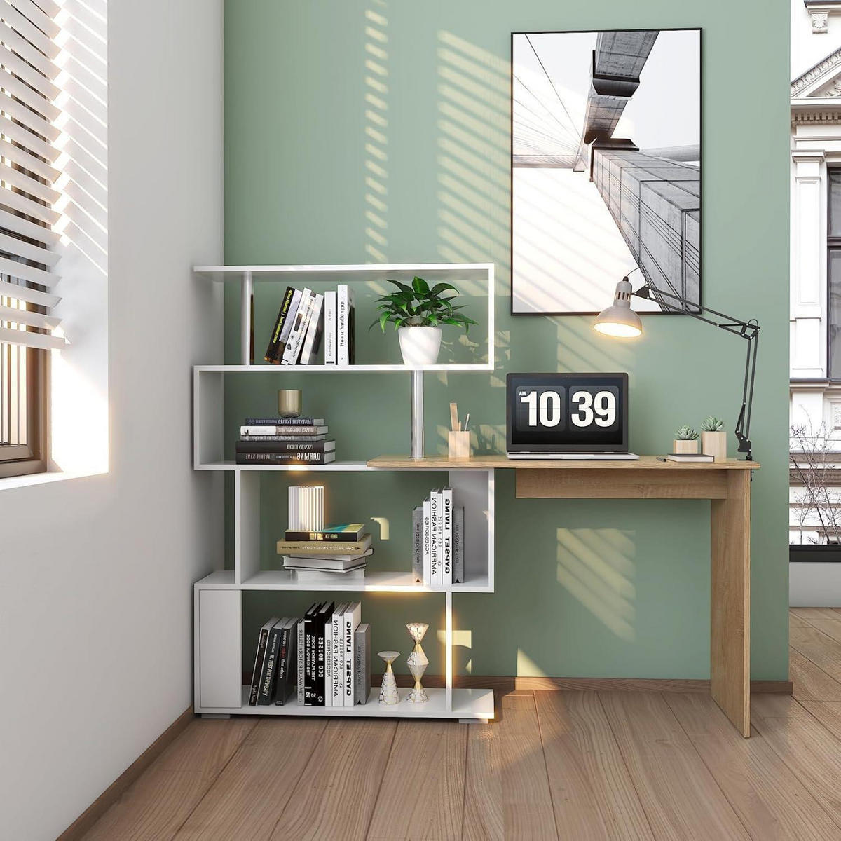 COMPUTERTISCH L-Form mit drehbarem Bücherregal Eiche/Weiß 157 x 45 x 130,5 cm - Multicolor, Holzwerkstoff (45/157/130.5cm)