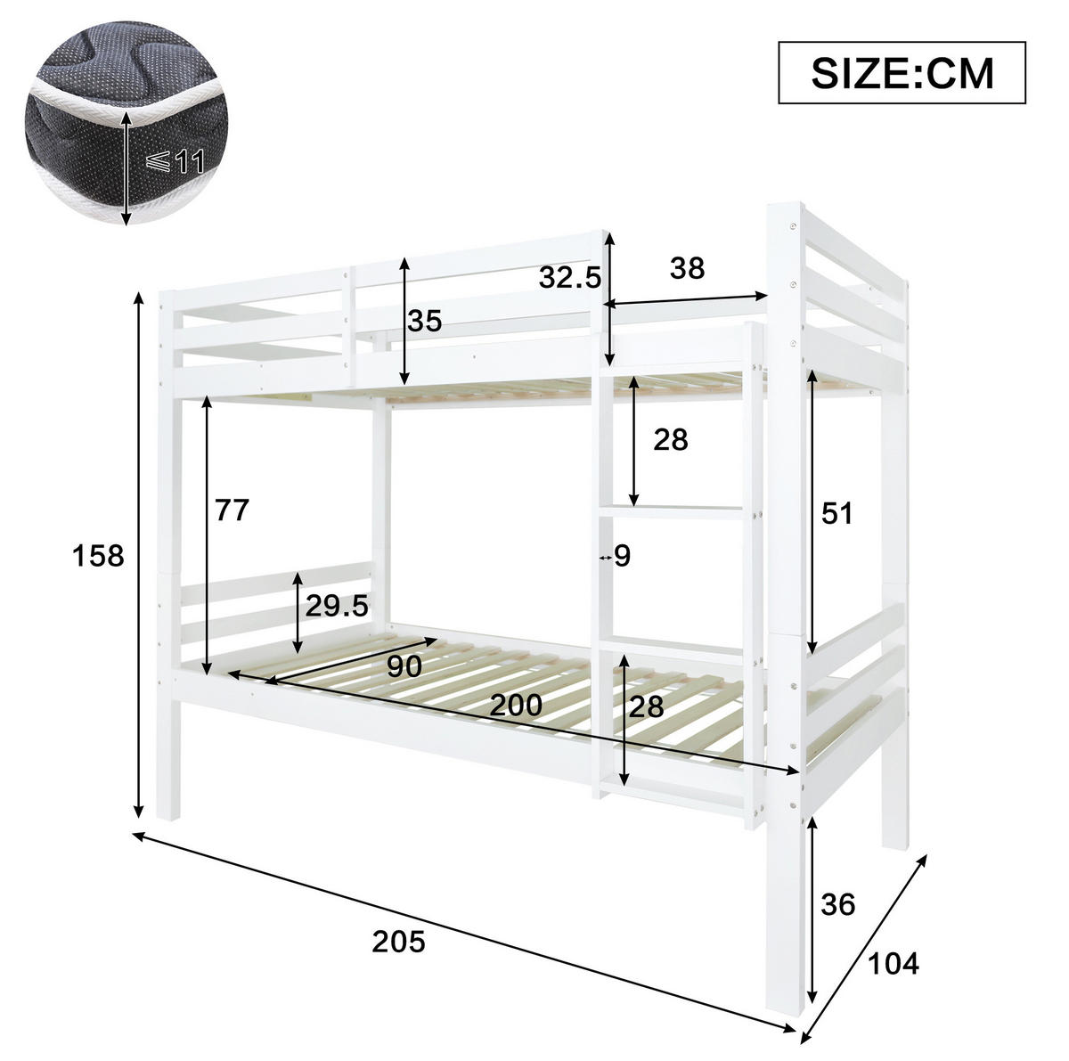ETAGENBETT 90/200 cm teilbar in 2 Einzelbetten mit Winkelleiter und Absturzsicherung aus Kiefernholz, Weiß - Weiß, Holzwerkstoff (90/200cm) - Redom