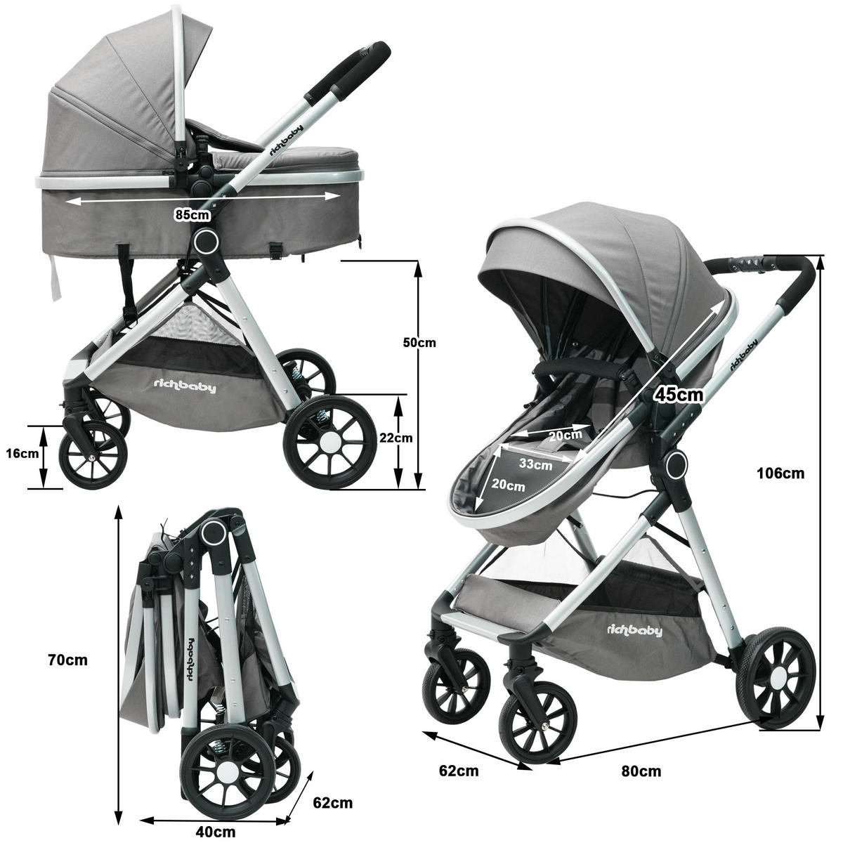 BUGGYS Kombikinderwagen 2 in 1-0 bis 36 Monate-Kompakt faltbar mit Sonnenverdeck - Grau, Metall (80/62/103cm) - Raelunyi