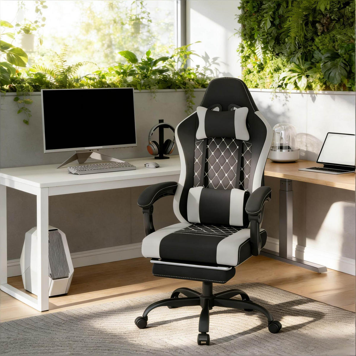 BÜROSTUHL in Schwarz-Grau 70x70x127 cm mit Massagefunktion, Fußstütze und verstellbarer Rückenlehne - Schwarz, Textil (70/127/70cm) - IVMEU
