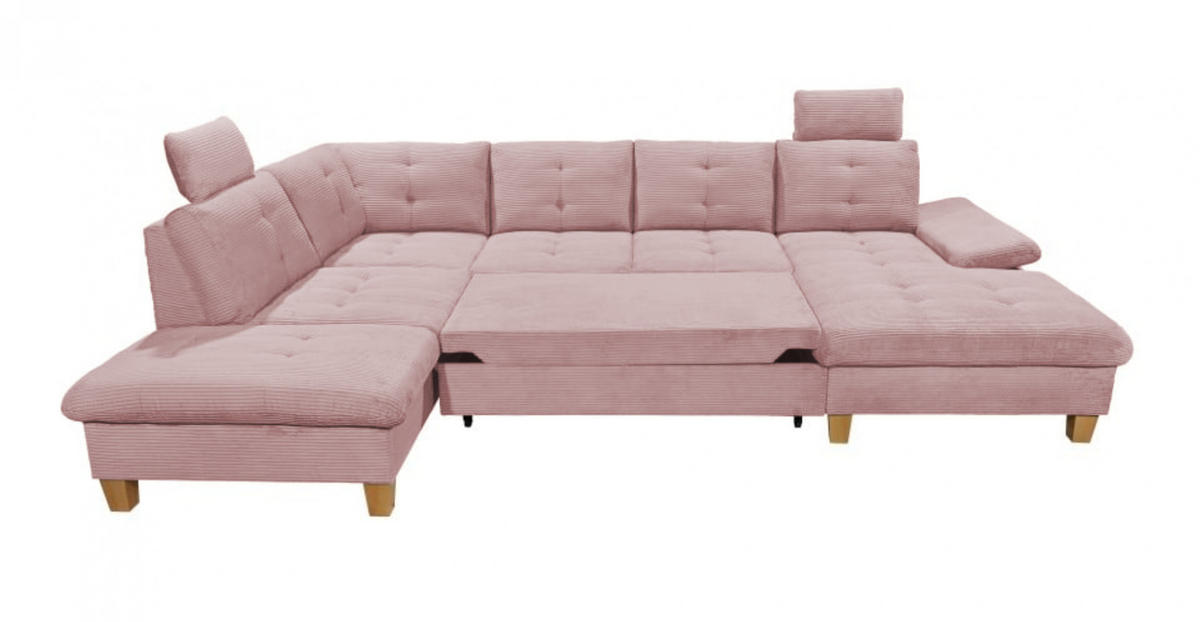 WOHNLANDSCHAFT mit Schlaffunktion und Bettkasten, Cord - Birkefarben/Rosa, Textil (324/107/225cm) - ed exciting design