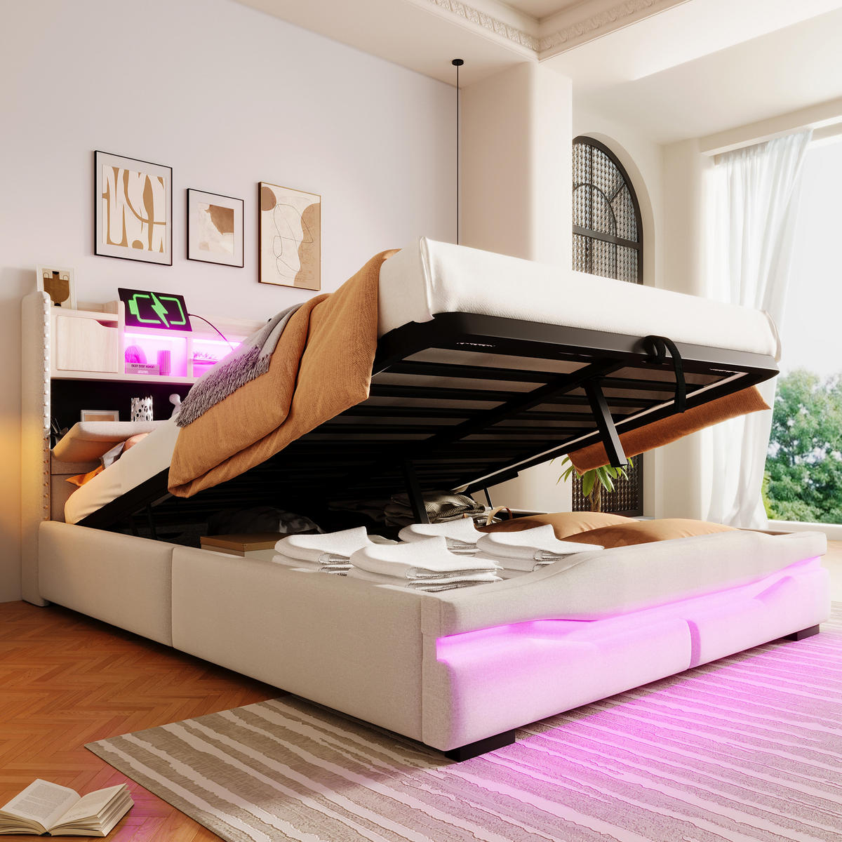 POLSTERBETT 140x200cm Beige USB-C LED-Licht Kopfteil Hydraulik - Beige, Holz (140/200cm) - FLIEKS