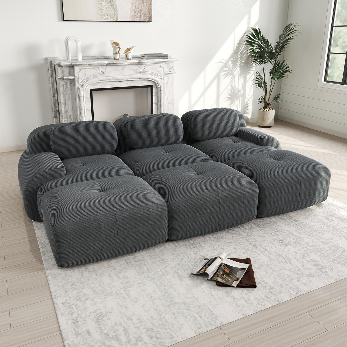 3-SITZER SOFA Cord Grau mit 3 Hocker - Grau, Textil (298/75/178cm) - WISHDOR