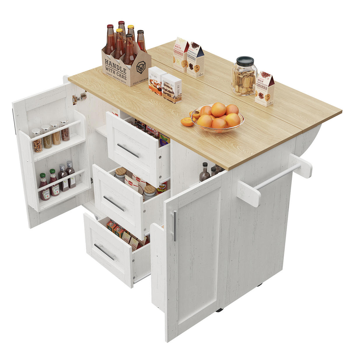 KÜCHENINSEL 135/46-74/86,6 cm weiß und Metall mit klappbarer Tischplatte - Weiß, Holzwerkstoff (135/87.2/74cm) - OKWISH