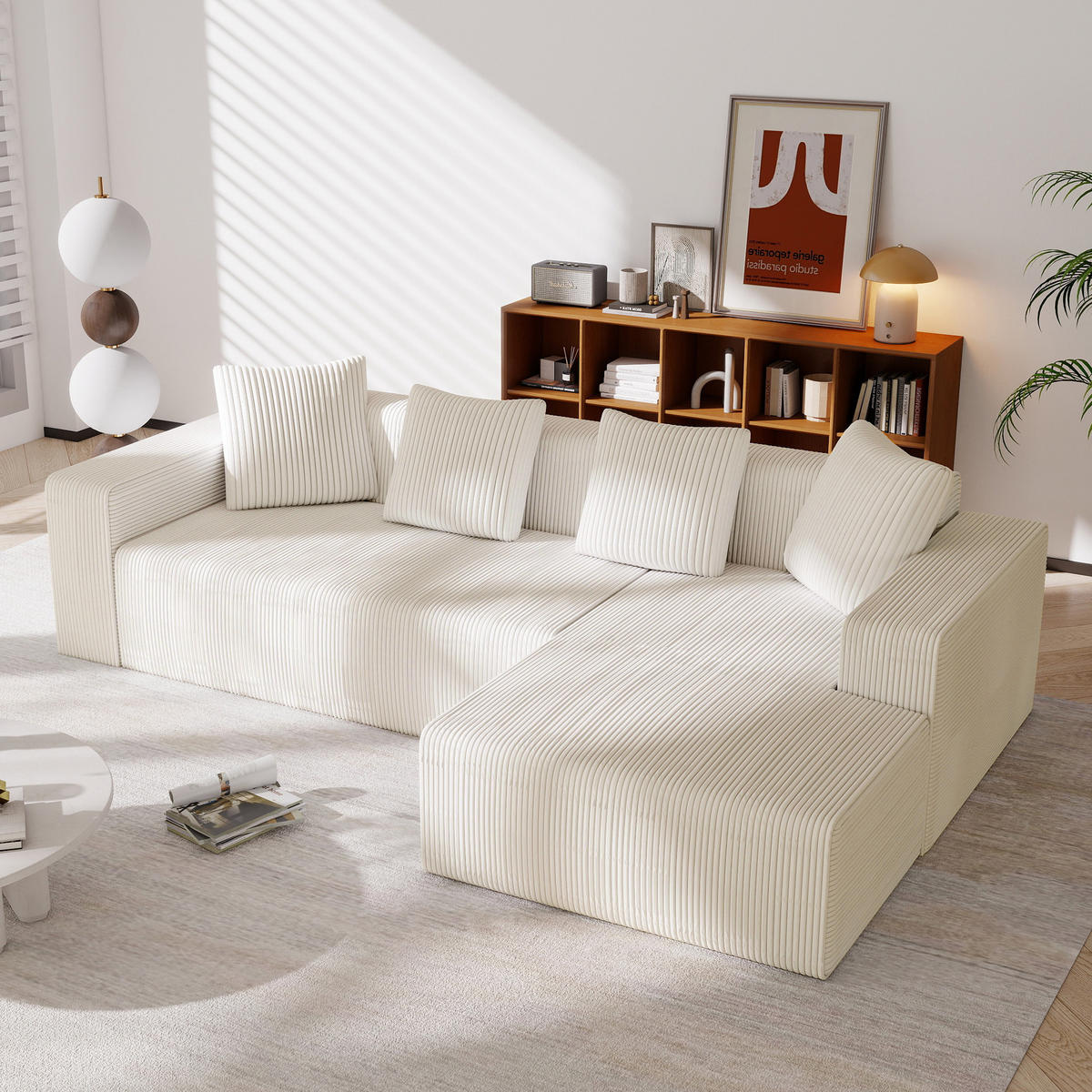 MODULARES Ecksofa Cord tiefe Sitzfläche, Chaiselongue 261/146/65 cm Weiß - Weiß, Textil (146/261cm) - Redom