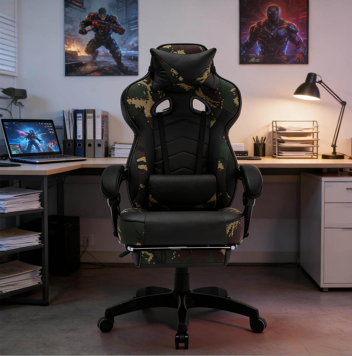 GAMING-STUHL höhenverstellbar mit Fußstütze Kunstleder Schwarz/Grün - Schwarz, Metall (46/128/70cm) - Meubliv