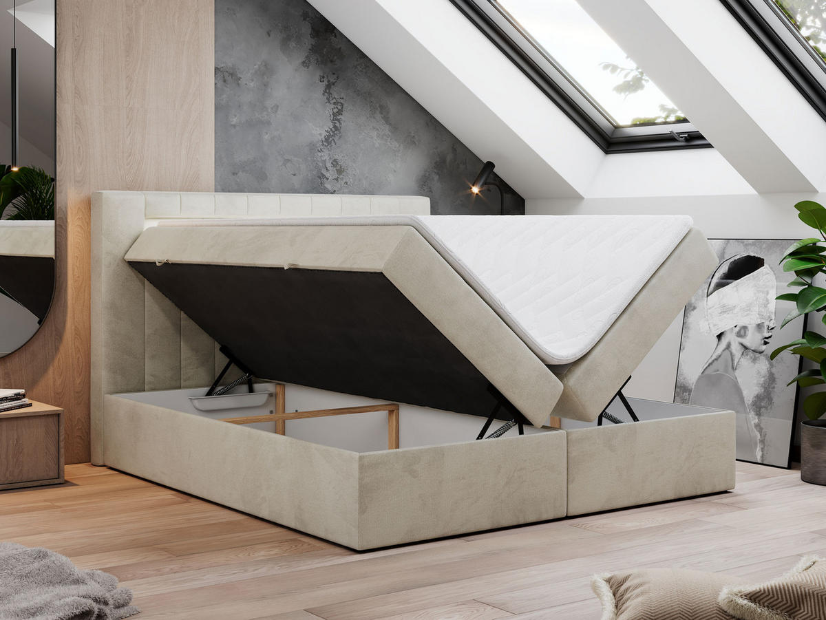 BOXBETT GOLD-5 LED 120/200 Beige Velvet - H3 - Beige, Holz/Textil (120/200cm) - MKS