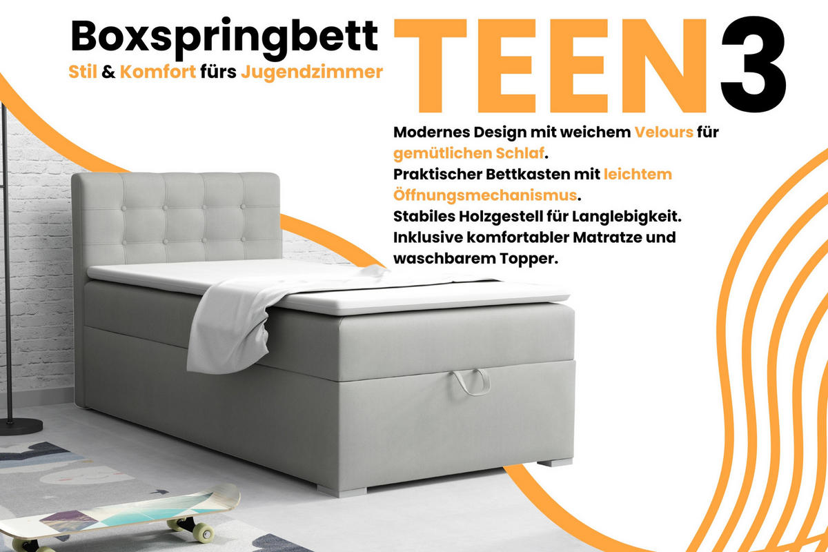 BOXBETT TEEN 3 90/200 Velours Hellgrau H4 - Hellgrau, Holz/Holzwerkstoff (90/200cm) - Deine Möbel 24