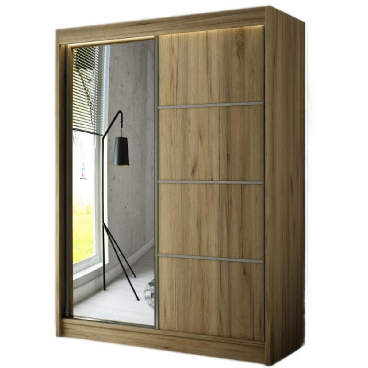 SCHWEBETÜRENSCHRANK Paco 150/215/61 2-türig eiche Craft Gold mit Spiegel - Eichefarben, Holzwerkstoff (150/215/61cm) - Beautysofa