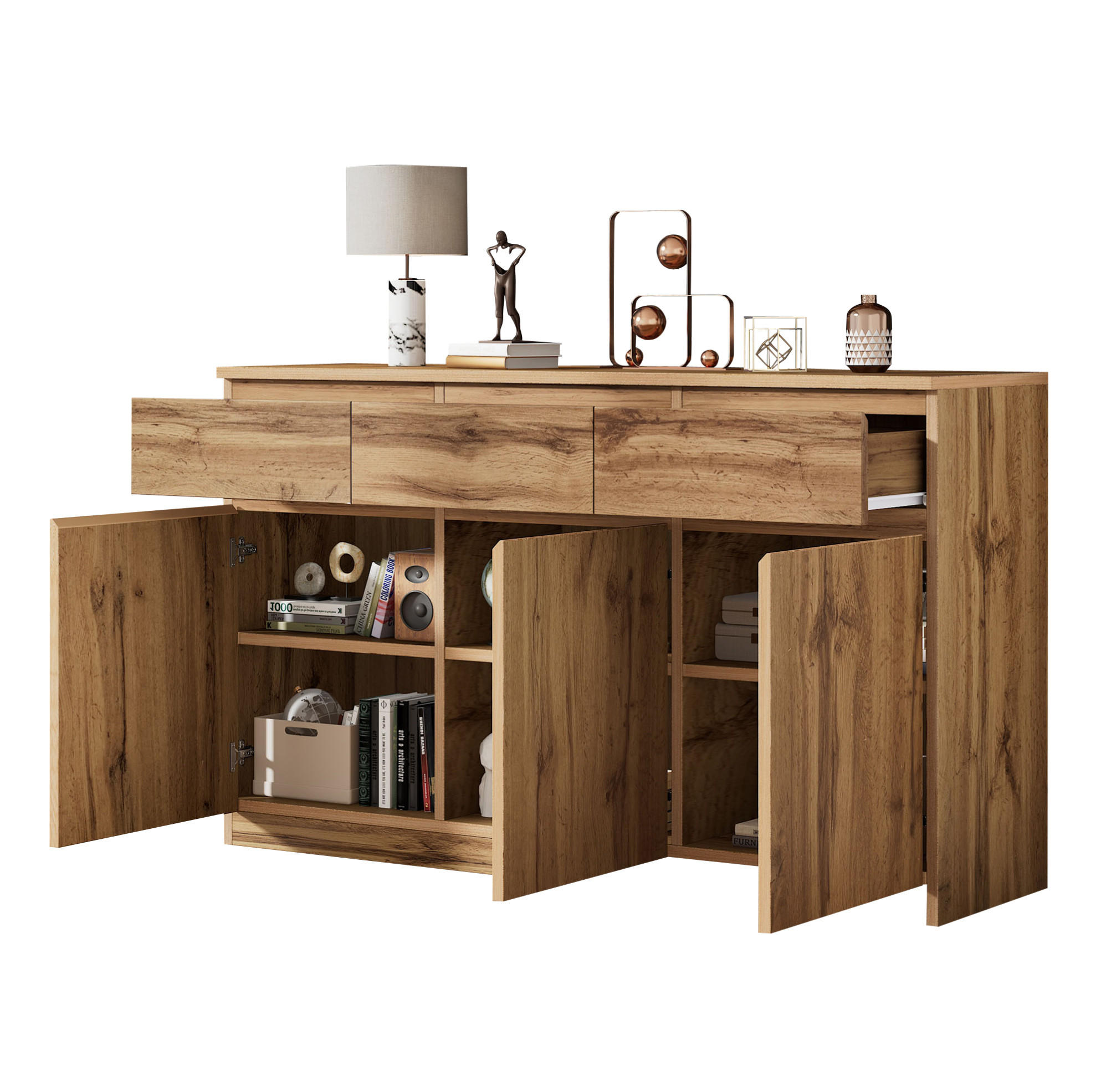KOMODA 135/40/81 cm v dekore dreva s 3 zásuvkami a 3 dvierkami z drevotriesky - prírodná farba, kompozitné drevo (135/81/40cm) - OKWISH