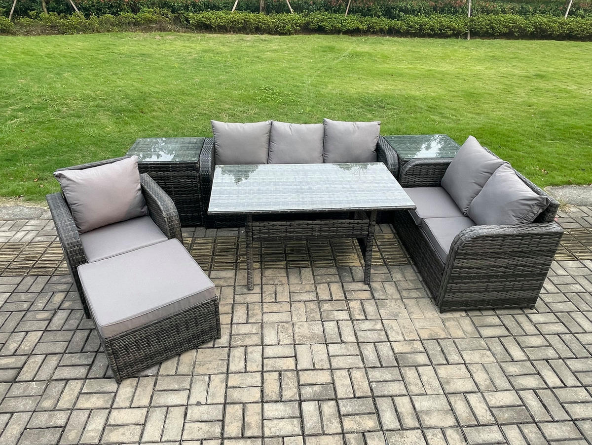 GARTENTISCHGRUPPE mit Liegestuhl,Hocker,Beistelltischen Polyrattan 7-Sitzer - Dunkelgrau/Grau, Glas/Kunststoff - Fimous