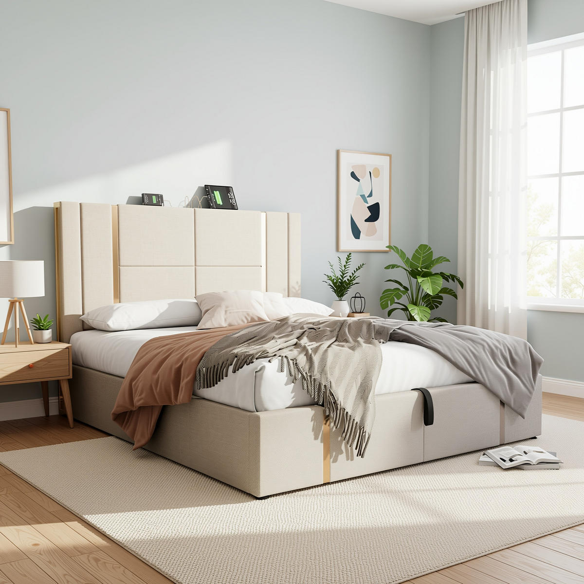 POLSTERBETT Leinen Beige mit LED USB Typ C Stauraum 160×200 cm - Beige, Holzwerkstoff/Textil - Urban Meuble