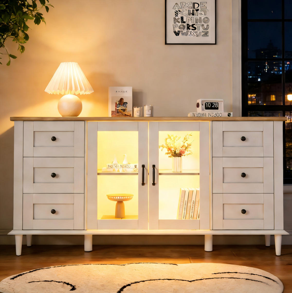 PŘÍBORNÍK z MDF 150x40x75 cm bílý v dekoru dřeva s LED osvětlením, 6 zásuvkami a 2 akrylovými dvířky - bílá, kompozitní dřevo (150/75/40cm) - Modfu