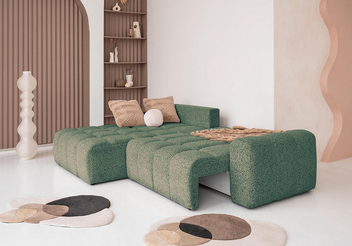 ECKSOFA mit Schlaffunktion - Strukturstoff - Türkis/Beige, Kunststoff/Textil (268/184cm) - home24