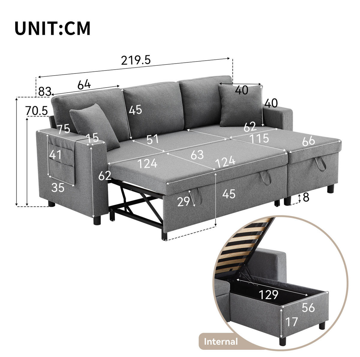 SCHLAFSOFA aus Leinen 219,5x142,5x83 cm Dunkelgrau mit Stauraum, wechselbarer Chaiselongue und Schlaffunktion - Dunkelgrau, Textil (142.5/83/219.5cm) - Modfu