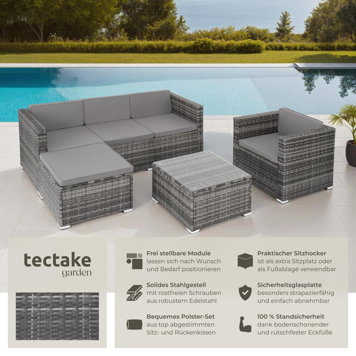 RATTANLOUNGE Lignano,variabel aufstellbar,grau - Grau, Kunststoff - tectake