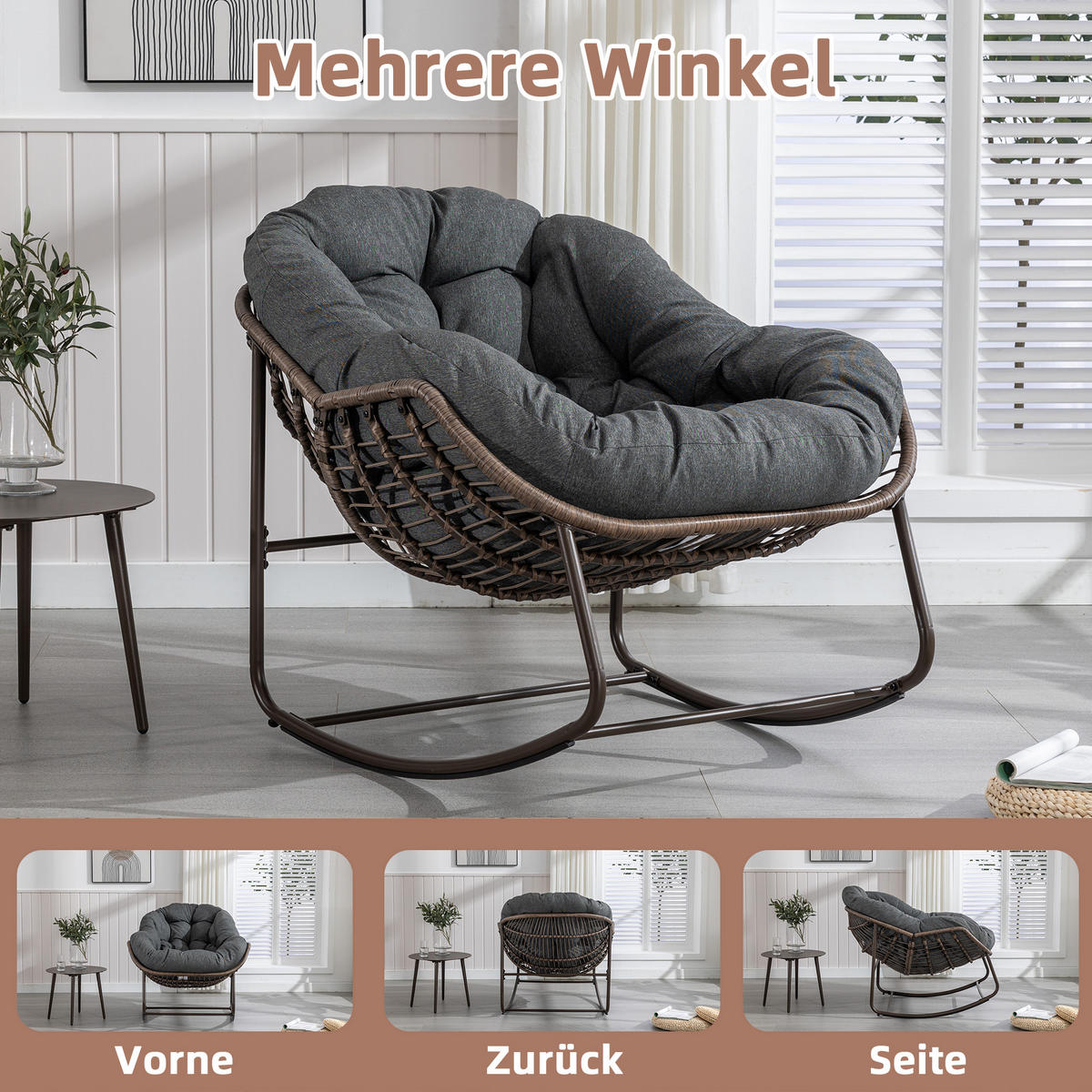 SCHAUKELSTUHL Schaukelsessel Garten,Rattanstuhl mit Stahlrahmen,Grau-Polyester - Graubraun, Metall (94.5/80/111cm) - LVHOM