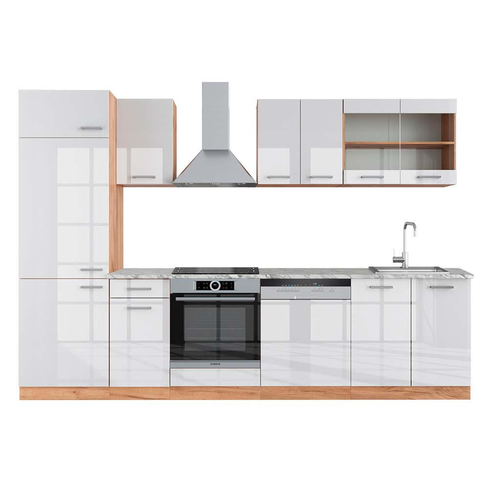 KÜCHE R-Line Weiß Hochglanz/Goldkraft Eiche 300 cm, AP Marmor - Honigeiche/Weiß Hochglanz, Holzwerkstoff (300/81.6/60cm) - Vicco