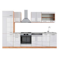 KÜCHE R-Line Weiß Hochglanz/Goldkraft Eiche 300 cm, AP Marmor - Weiß Hochglanz/Eiche Wotan, Holzwerkstoff (300/81.6/60cm) - Vicco