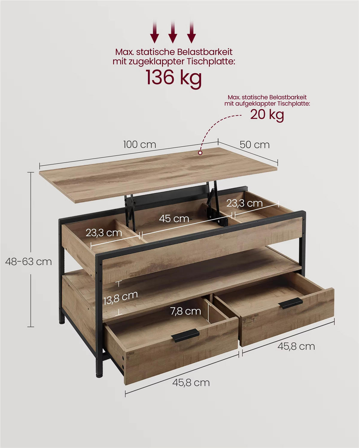 COUCHTISCH 100/50/48-63 cm höhenverstellbar Schublade Braun - Braun, Holz (50/100/63cm) - Kaket