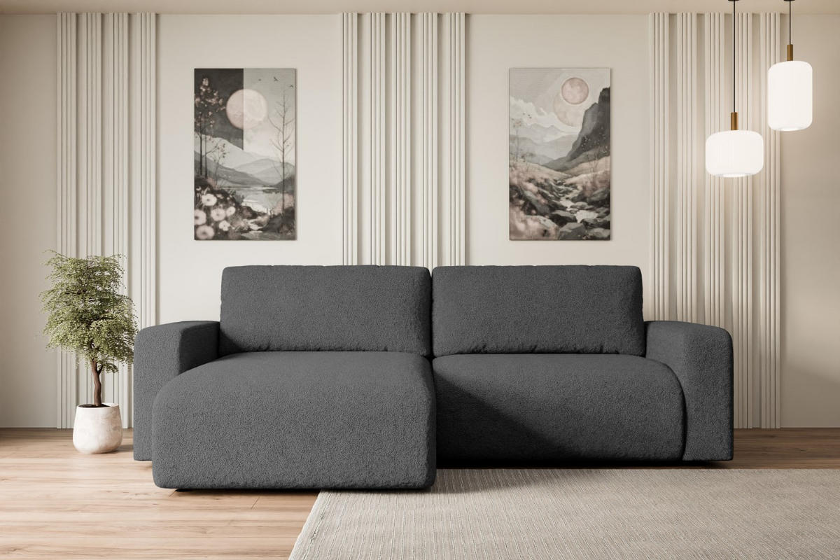 ECKSOFA mit Schlaffunktion und Bettkasten KLEEA-L - 247x143x83 cm Grau Bouclé - Schwarz/Grau, Holzwerkstoff/Kunststoff (247/143cm) - ALTDECOR