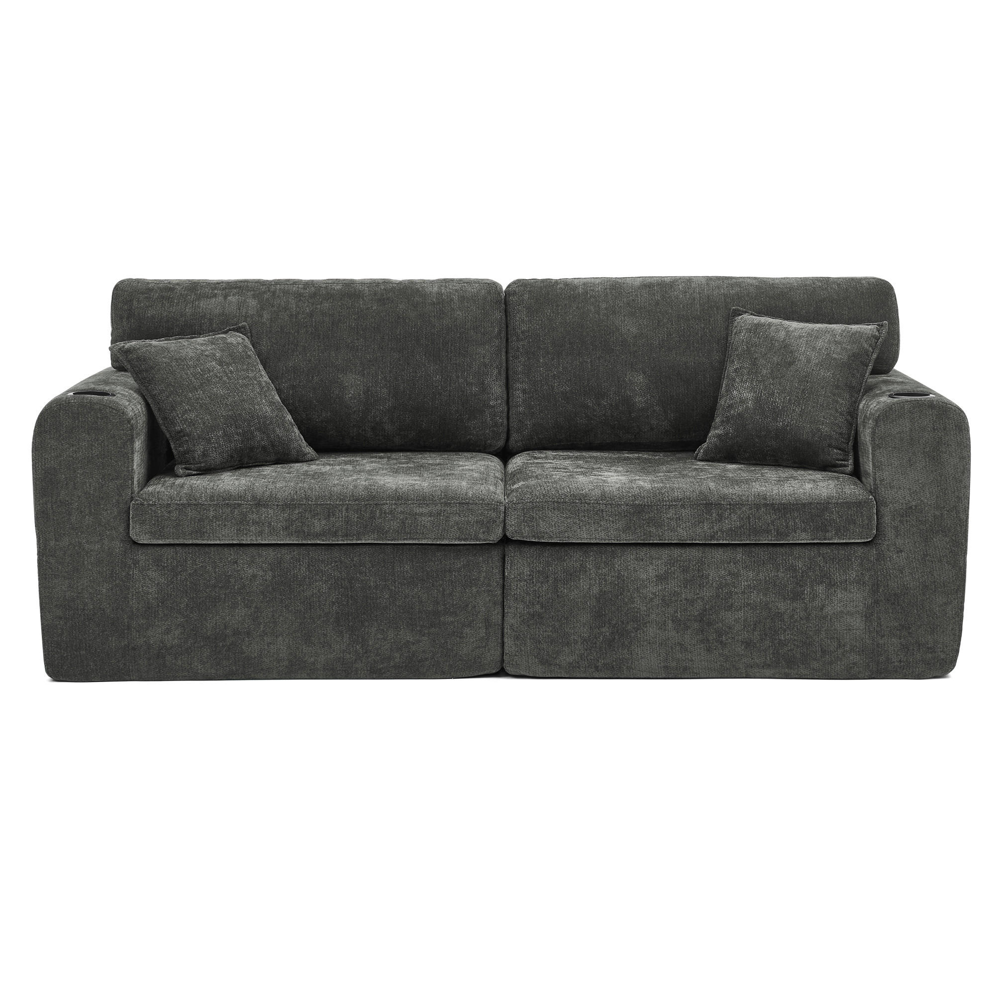 2-SITZER SOFA Chenille Schwarz mit USB, Magazintasche, Getränkehalter und Kissen - Schwarz, Textil (220/89/100cm) - WISHDOR
