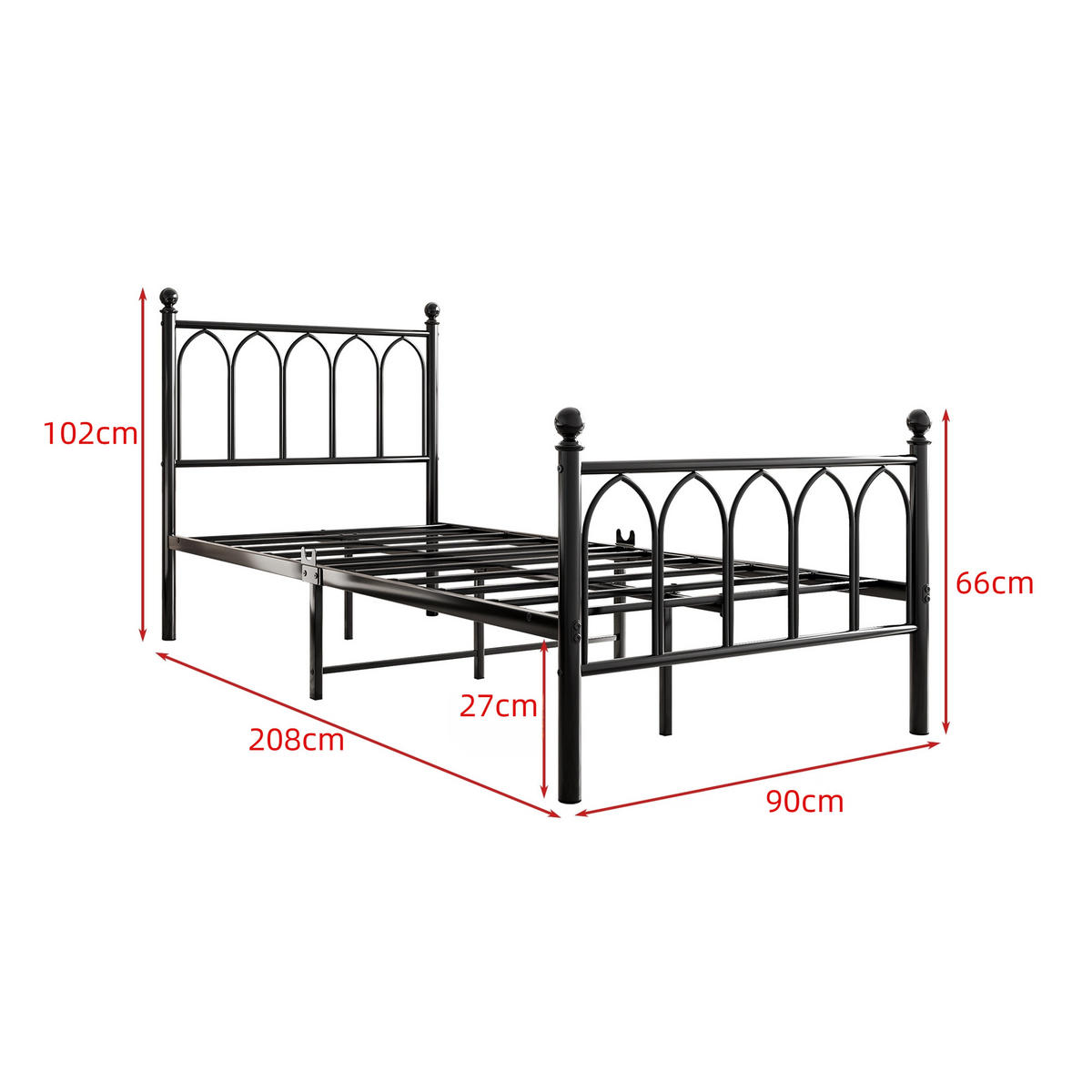 METALLBETT 90/200 cm in Schwarz mit LED, USB und Steckdose - Schwarz, Metall (90/200cm) - CHICFURN