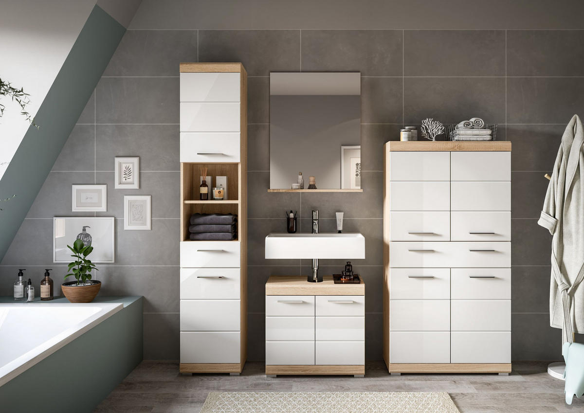 BADKOMBINATION 4tlg. Lambada Bad in Sonoma Eiche hell und weiß hochglanz B/H/T: 186x191x34 cm - Sonoma Eiche, Holz (186/191/34cm)